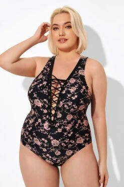 Black Floral Printed Lace Up One Piece Swimsuit 12 Black Floral Printed Lace Up One Piece Swimsuit -Meetcurve Shop b deop008004 5