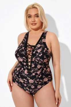 Black Floral Printed Lace Up One Piece Swimsuit 13 Black Floral Printed Lace Up One Piece Swimsuit -Meetcurve Shop b deop008004 6