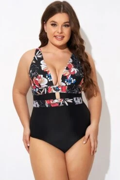 Floral Print Cut Out One Piece Swimsuit -Meetcurve Shop b deop032001 3