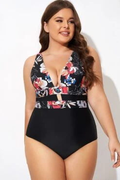 Floral Print Cut Out One Piece Swimsuit -Meetcurve Shop b deop032001 4