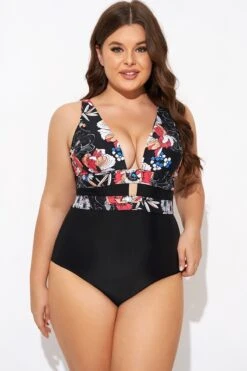 Floral Print Cut Out One Piece Swimsuit -Meetcurve Shop b deop032001 5
