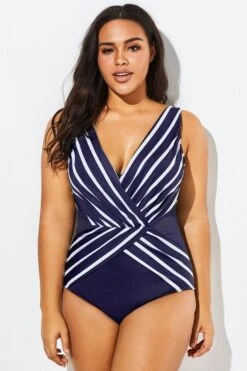 Blue And White Stripe Mesh One Piece Swimsuit -Meetcurve Shop b deop034004 33