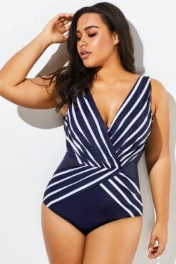 Blue And White Stripe Mesh One Piece Swimsuit -Meetcurve Shop b deop034004 44