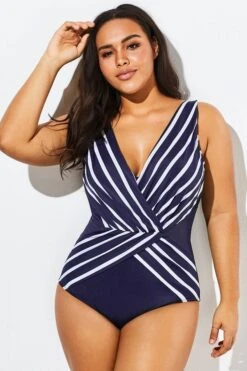 Blue And White Stripe Mesh One Piece Swimsuit -Meetcurve Shop b deop034004 66