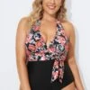 Vintage Flower Faux Wrap Halter One Piece Swimsuit -Meetcurve Shop b deop035001 1