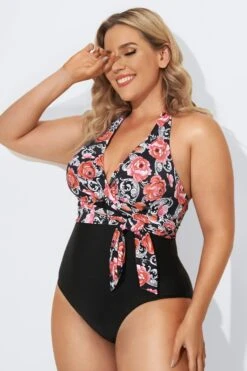 Vintage Flower Faux Wrap Halter One Piece Swimsuit -Meetcurve Shop b deop035001 3