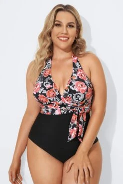 Vintage Flower Faux Wrap Halter One Piece Swimsuit -Meetcurve Shop b deop035001 4