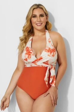 V-neck Tie Dye Wrap Halter One Piece Swimsuit