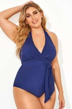 Blue Faux V-neck Women One Piece Swimsuit 9 Blue Faux V-neck Women One Piece Swimsuit -Meetcurve Shop b deop035003 2