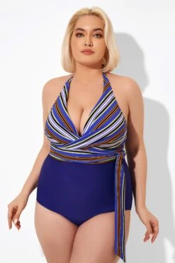 Purple Faux Wrap Halter One Piece Swimsuit -Meetcurve Shop b deop035005 1