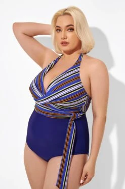Purple Faux Wrap Halter One Piece Swimsuit -Meetcurve Shop b deop035005 3