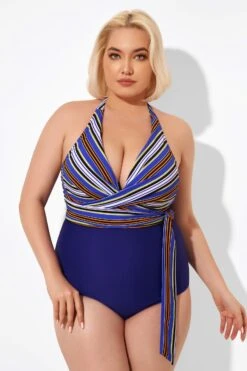 Purple Faux Wrap Halter One Piece Swimsuit -Meetcurve Shop b deop035005 4