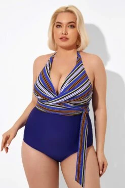 Purple Faux Wrap Halter One Piece Swimsuit -Meetcurve Shop b deop035005 6