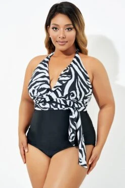 Meetcurve Shop 39 Black & White Faux Wrap Halter One Piece Swimsuit