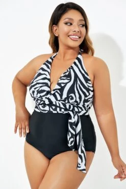 Black & White Faux Wrap Halter One Piece Swimsuit -Meetcurve Shop b deop035006 3