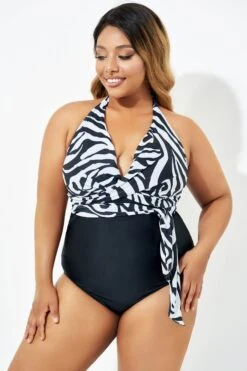 Black & White Faux Wrap Halter One Piece Swimsuit -Meetcurve Shop b deop035006 4