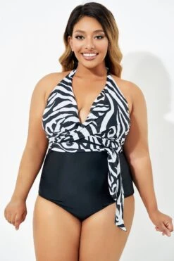Black & White Faux Wrap Halter One Piece Swimsuit -Meetcurve Shop b deop035006 6
