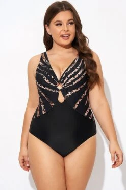 Pattern Ring Plunge Women One Piece Swimsuit -Meetcurve Shop b deop061003 1