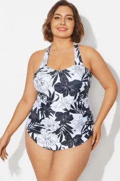Black＆White Floral Sarong One Piece Swimsuit