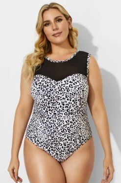Leopard Printed Circle-Collar Mesh One Piece Swimsuit -Meetcurve Shop b deop089001 3