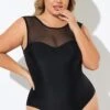 Black Mesh Wide Shoulder One Piece Swimsuit -Meetcurve Shop b deop089008 1