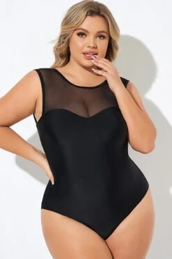 Black Mesh Wide Shoulder One Piece Swimsuit