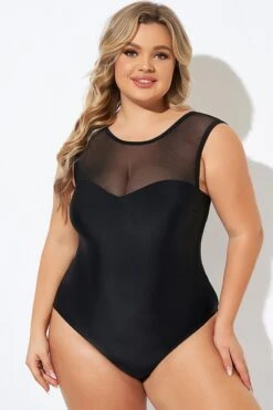 Black Mesh Wide Shoulder One Piece Swimsuit 10 Black Mesh Wide Shoulder One Piece Swimsuit -Meetcurve Shop b deop089008 3