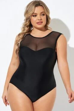 Black Mesh Wide Shoulder One Piece Swimsuit 11 Black Mesh Wide Shoulder One Piece Swimsuit -Meetcurve Shop b deop089008 4