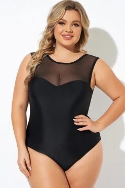 Black Mesh Wide Shoulder One Piece Swimsuit 13 Black Mesh Wide Shoulder One Piece Swimsuit -Meetcurve Shop b deop089008 5