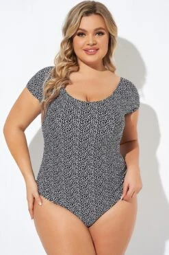 Black Speckled Ladder Back Detail One Piece Swimsuit