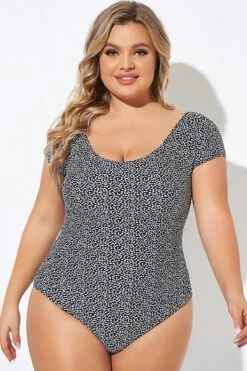 Black Speckled Ladder Back Detail One Piece Swimsuit -Meetcurve Shop b deop090010 3