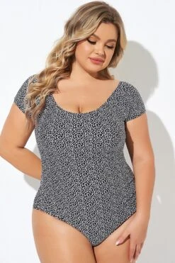Black Speckled Ladder Back Detail One Piece Swimsuit -Meetcurve Shop b deop090010 4