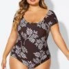 V-Neck Leaf Print Ruffles Sleeves One Piece Swimsuit -Meetcurve Shop b deop090011 1