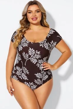 V-Neck Leaf Print Ruffles Sleeves One Piece Swimsuit -Meetcurve Shop b deop090011 3