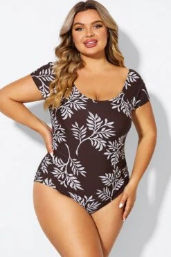 V-Neck Leaf Print Ruffles Sleeves One Piece Swimsuit -Meetcurve Shop b deop090011 4