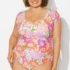 Floral Print Short Sleeve Elastic One Piece Swimsuit -Meetcurve Shop b deop090012 1