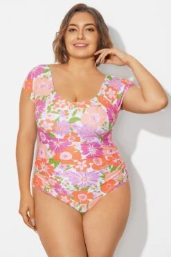 Floral Print Short Sleeve Elastic One Piece Swimsuit -Meetcurve Shop b deop090012 3