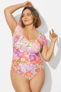 Floral Print Short Sleeve Elastic One Piece Swimsuit -Meetcurve Shop b deop090012 4