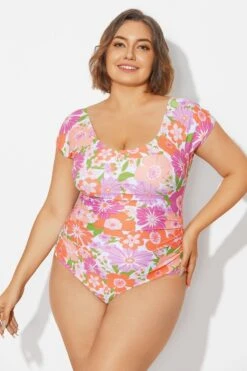 Floral Print Short Sleeve Elastic One Piece Swimsuit -Meetcurve Shop b deop090012 5