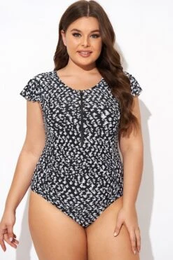 Floral Frill Sleeve Women One Piece Swimsuit -Meetcurve Shop b deop093006 3