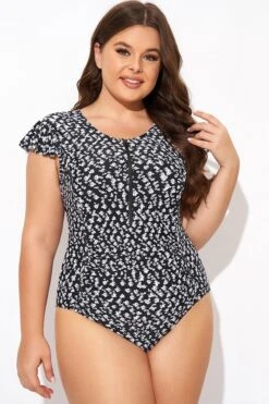 Floral Frill Sleeve Women One Piece Swimsuit -Meetcurve Shop b deop093006 4 1