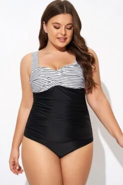 Black Stripe Wide Straps One Piece Swimsuit