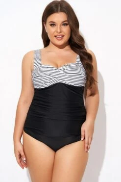 Black Stripe Wide Straps One Piece Swimsuit -Meetcurve Shop b deop097004 3