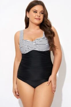 Black Stripe Wide Straps One Piece Swimsuit -Meetcurve Shop b deop097004 4