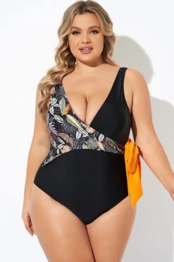 Black Printed Tie Wrap One Piece Swimsuit