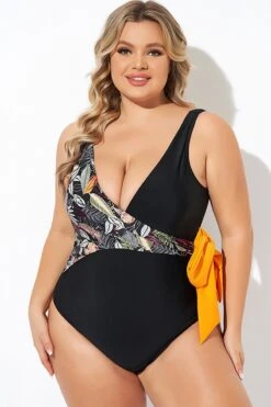 Black Printed Tie Wrap One Piece Swimsuit -Meetcurve Shop b deop098005 3