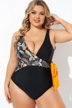 Black Printed Tie Wrap One Piece Swimsuit -Meetcurve Shop b deop098005 4