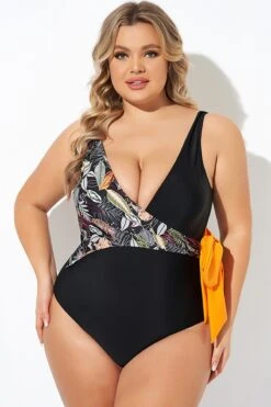 Black Printed Tie Wrap One Piece Swimsuit -Meetcurve Shop b deop098005 6
