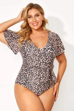 Leopard Printed One Piece Swimsuit With Sleeves -Meetcurve Shop b deop124001 3