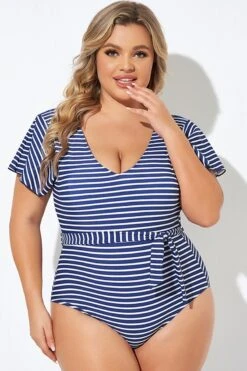 Blue And White Stripe Women One Piece Swimsuit 11 Blue And White Stripe Women One Piece Swimsuit -Meetcurve Shop b deop124005 4